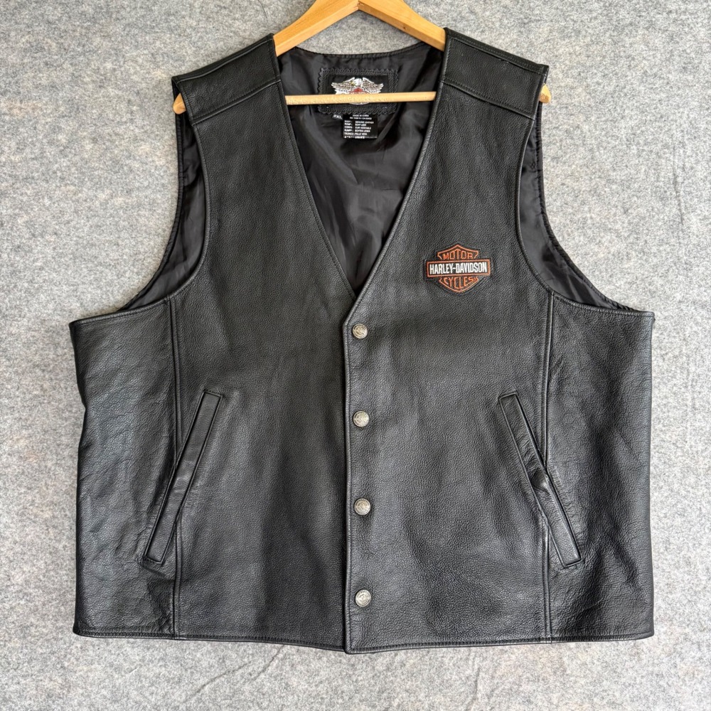 Harley-Davidson Mens Black Genuine Leather Biker Vest Logo Snap Front 2XL‎